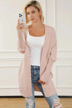 Smoke Gray Ribbed Trim Puff Sleeve Open Cardigan - Fashionfitz