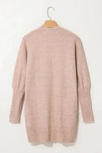 Smoke Gray Ribbed Trim Puff Sleeve Open Cardigan - Fashionfitz