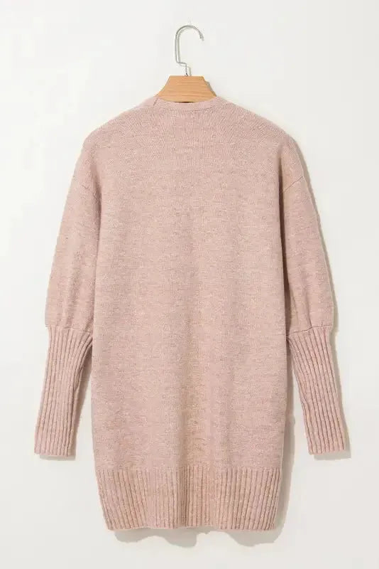 Smoke Gray Ribbed Trim Puff Sleeve Open Cardigan - Fashionfitz