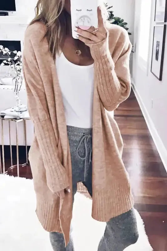 Smoke Gray Ribbed Trim Puff Sleeve Open Cardigan - Fashionfitz