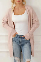 Smoke Gray Ribbed Trim Puff Sleeve Open Cardigan - Fashionfitz