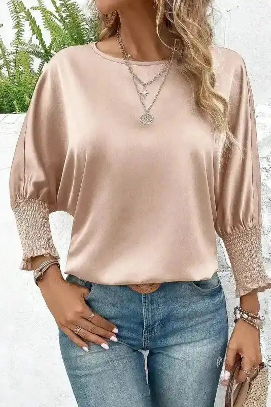 Smoke Gray Satin Blouse with dolman sleeves and shirred detailing, perfect for daily wear or elegant occasions in fall.