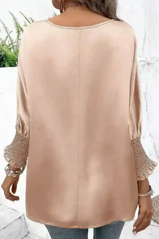 Back view of Smoke Gray Dolman Sleeve Satin Blouse showcasing smooth satin finish and relaxed fit with shirred detailing on sleeves.