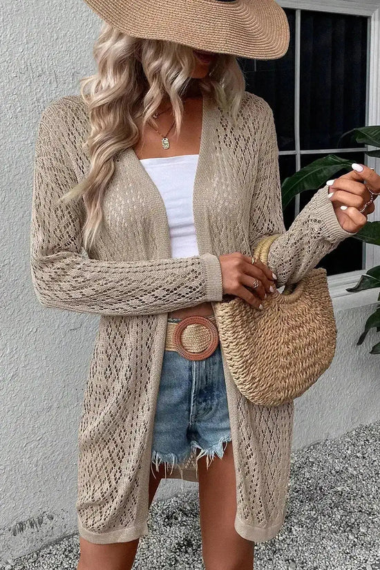 Smoke gray pointelle knit duster cardigan by FashionFitz styled for summer with a straw bag and hat, perfect for layering over casual outfits.