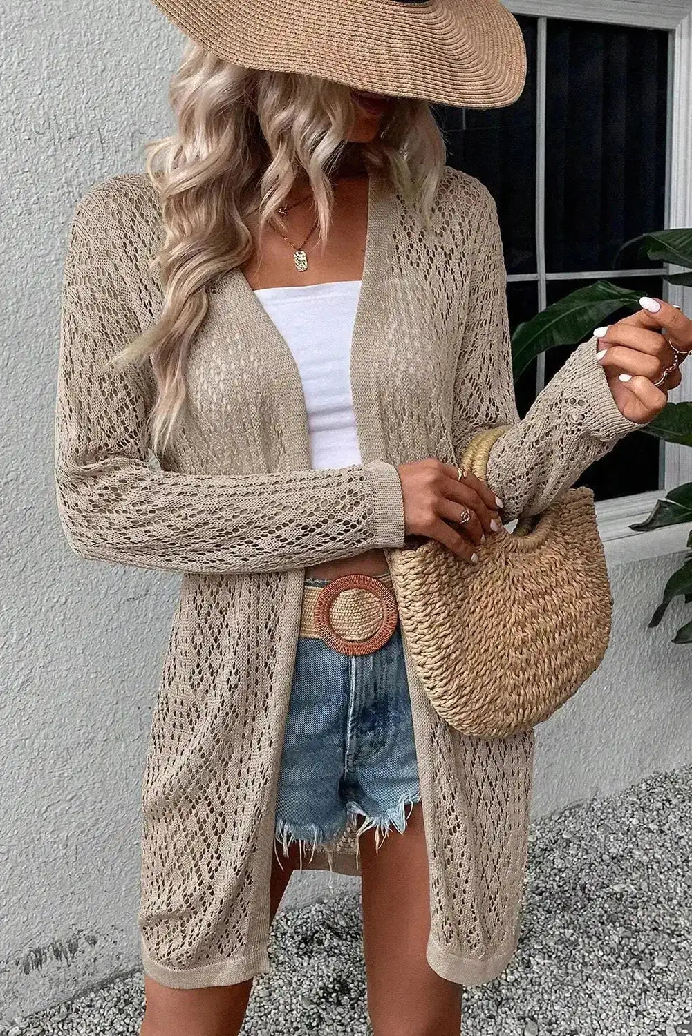 Smoke gray pointelle knit duster cardigan by FashionFitz styled for summer with a straw bag and hat, perfect for layering over casual outfits.