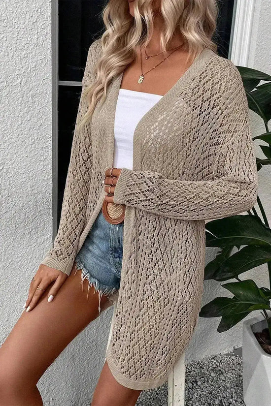 FashionFitz's smoke gray pointelle knit duster cardigan paired with a belt and denim shorts, highlighting its breathable design and relaxed fit.