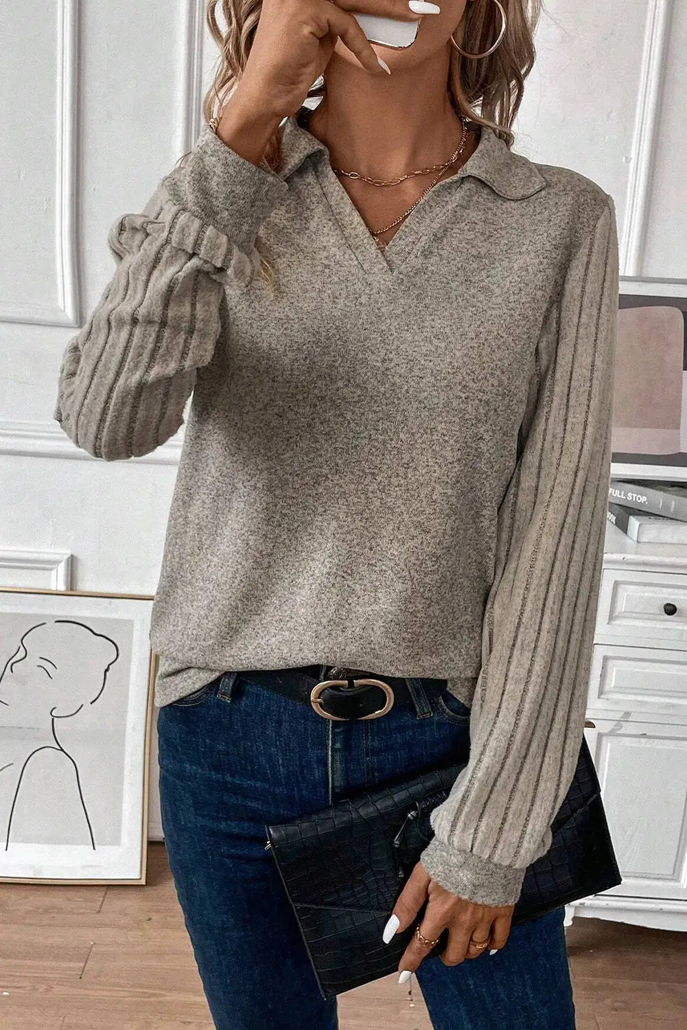 Smoke gray solid color ribbed sleeve collared v neck top - long tops