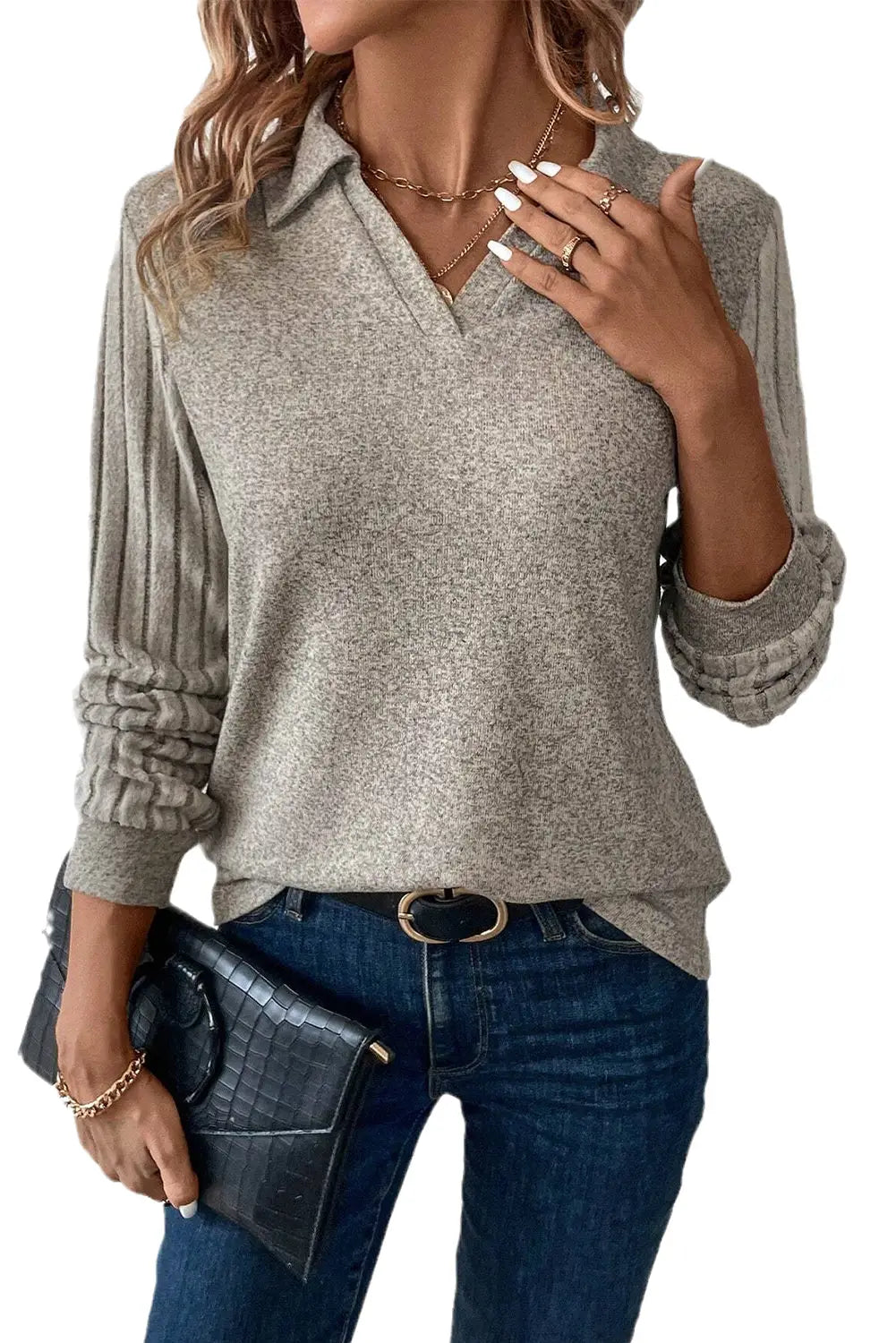 Smoke gray solid color ribbed sleeve collared v neck top - long tops