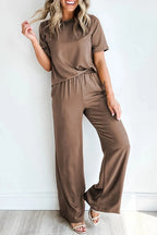 Smoke Gray Solid Color T Shirt 2pcs Wide Leg Pants Set - Fashionfitz