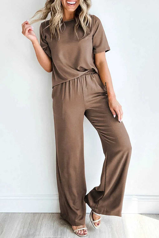 Smoke Gray Solid Color T Shirt 2pcs Wide Leg Pants Set - Fashionfitz