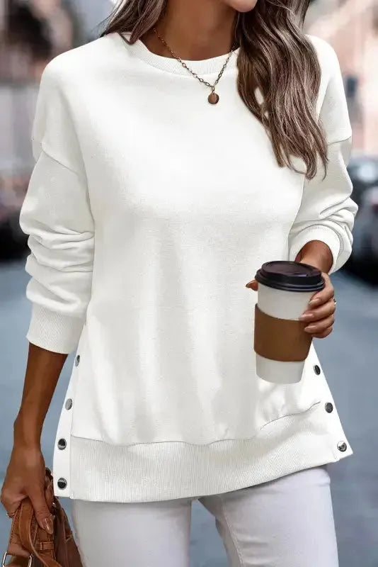 Snap Buttons Side Splits Pullover Sweatshirt - Black - Fashionfitz