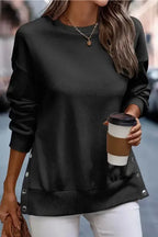 Snap Buttons Side Splits Pullover Sweatshirt - Black - Fashionfitz