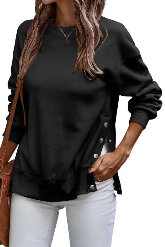 Black snap buttons side splits pullover sweatshirt - tops