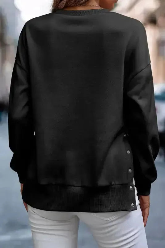 Snap Buttons Side Splits Pullover Sweatshirt - Black - Fashionfitz
