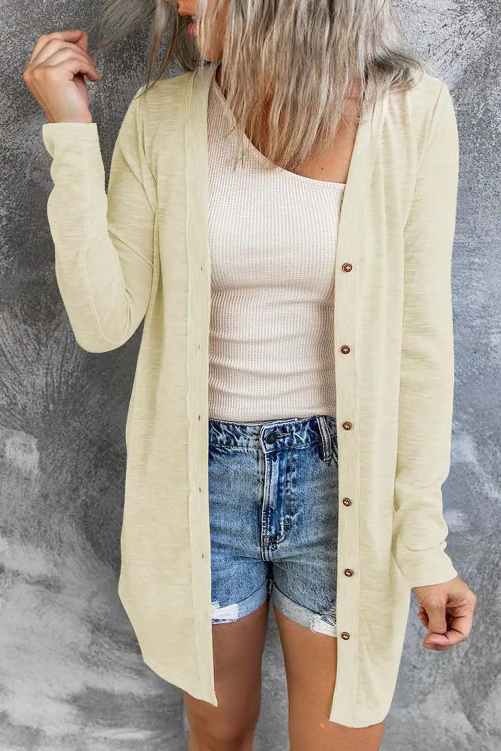 Solid color open-front buttons cardigan - beige / s / 95% polyester + 5% elastane - tops