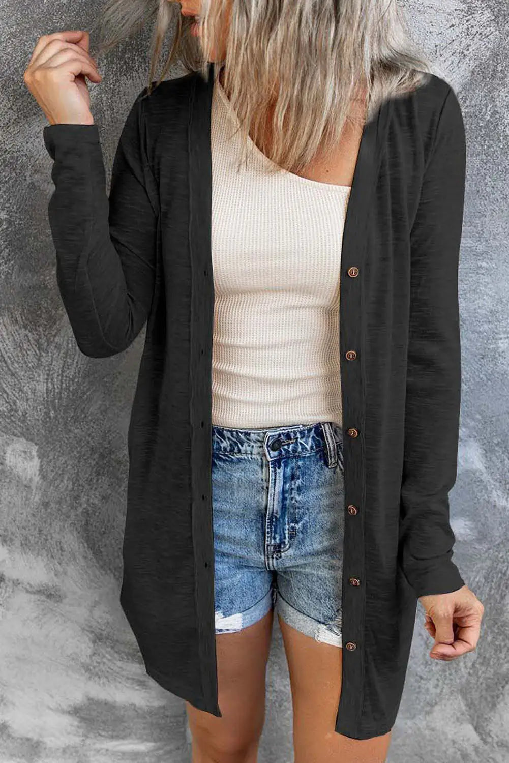 Solid color open-front buttons cardigan - black / 2xl / 95% polyester + 5% elastane - tops