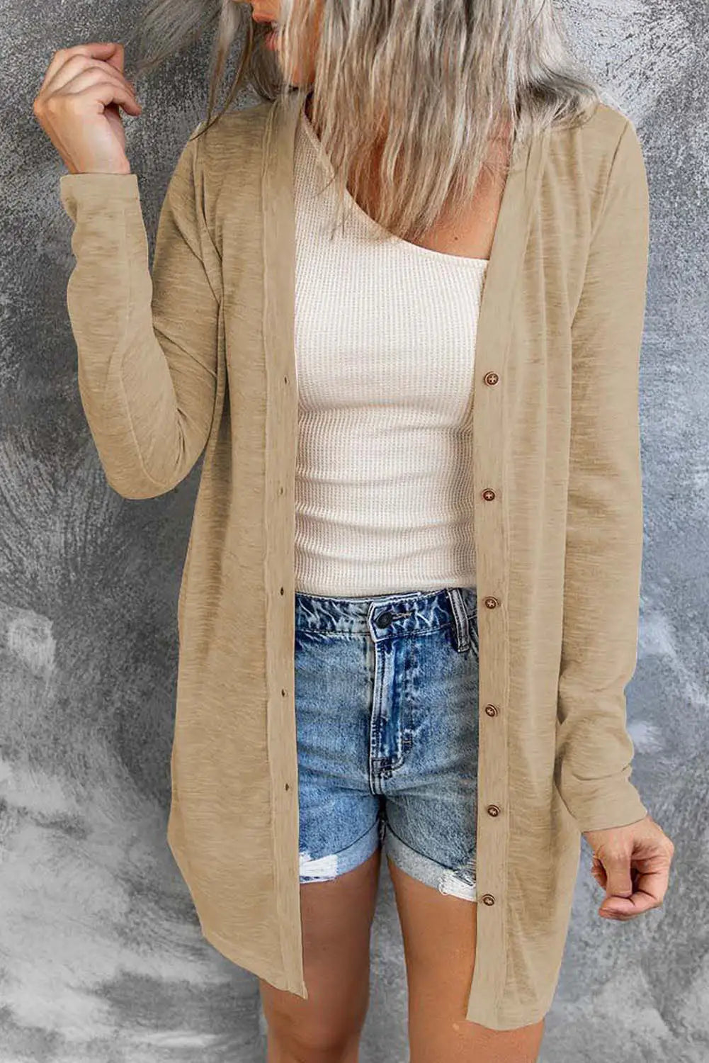 Solid color open-front buttons cardigan - brown / s / 95% polyester + 5% elastane - tops