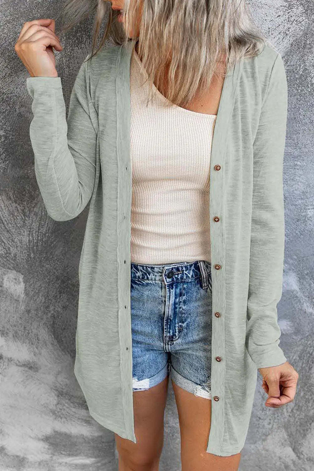 Solid color open-front buttons cardigan - gray / s / 95% polyester + 5% elastane - tops