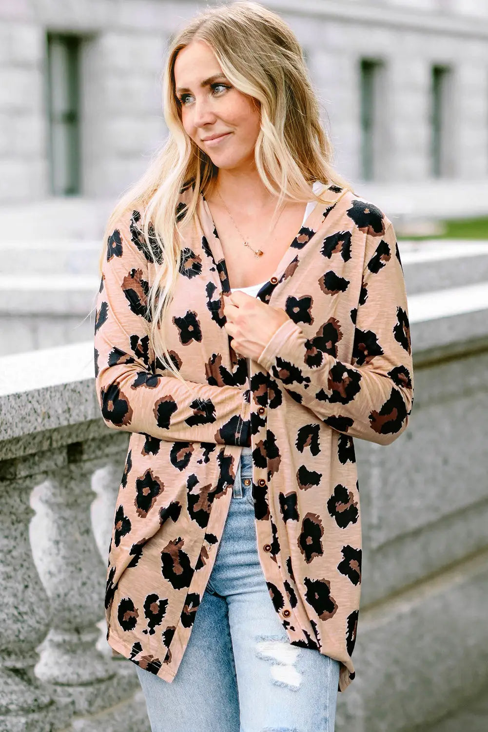 Solid color open-front buttons cardigan - leopard / s / 95% polyester + 5% elastane - tops