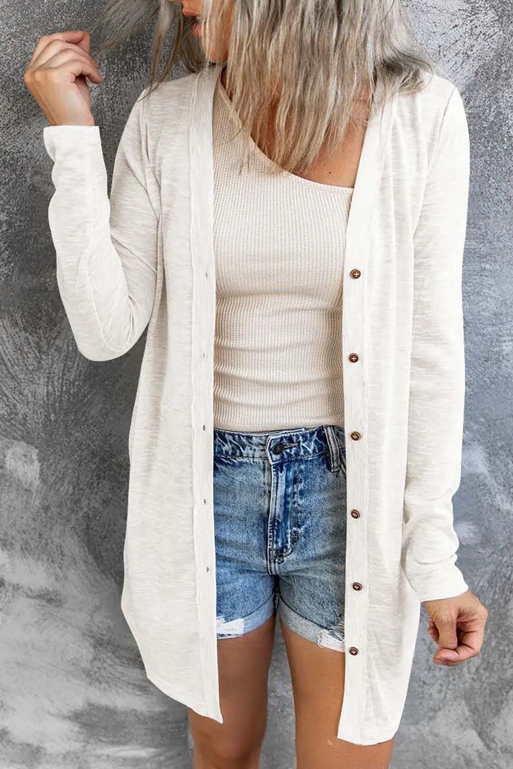 Solid color open-front buttons cardigan - white / s / 95% polyester + 5% elastane - tops