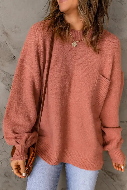 Solid color puffy sleeve pocketed sweater - sweaters & cardigans