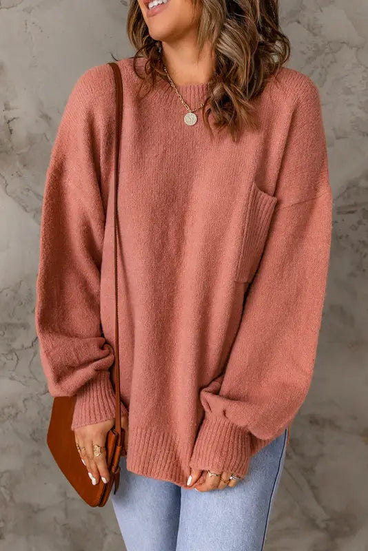 Solid color puffy sleeve pocketed sweater - sweaters & cardigans