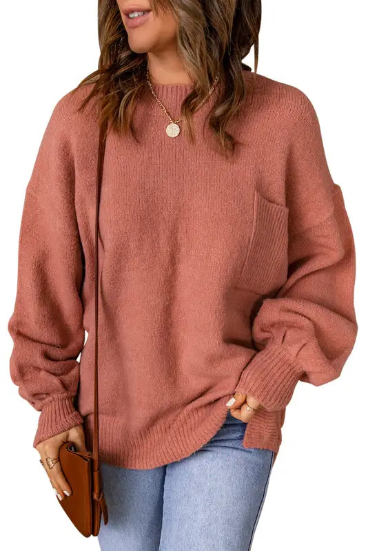 Solid color puffy sleeve pocketed sweater - sweaters & cardigans