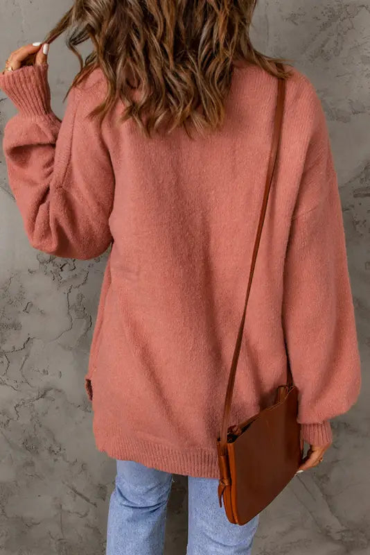 Solid color puffy sleeve pocketed sweater - sweaters & cardigans