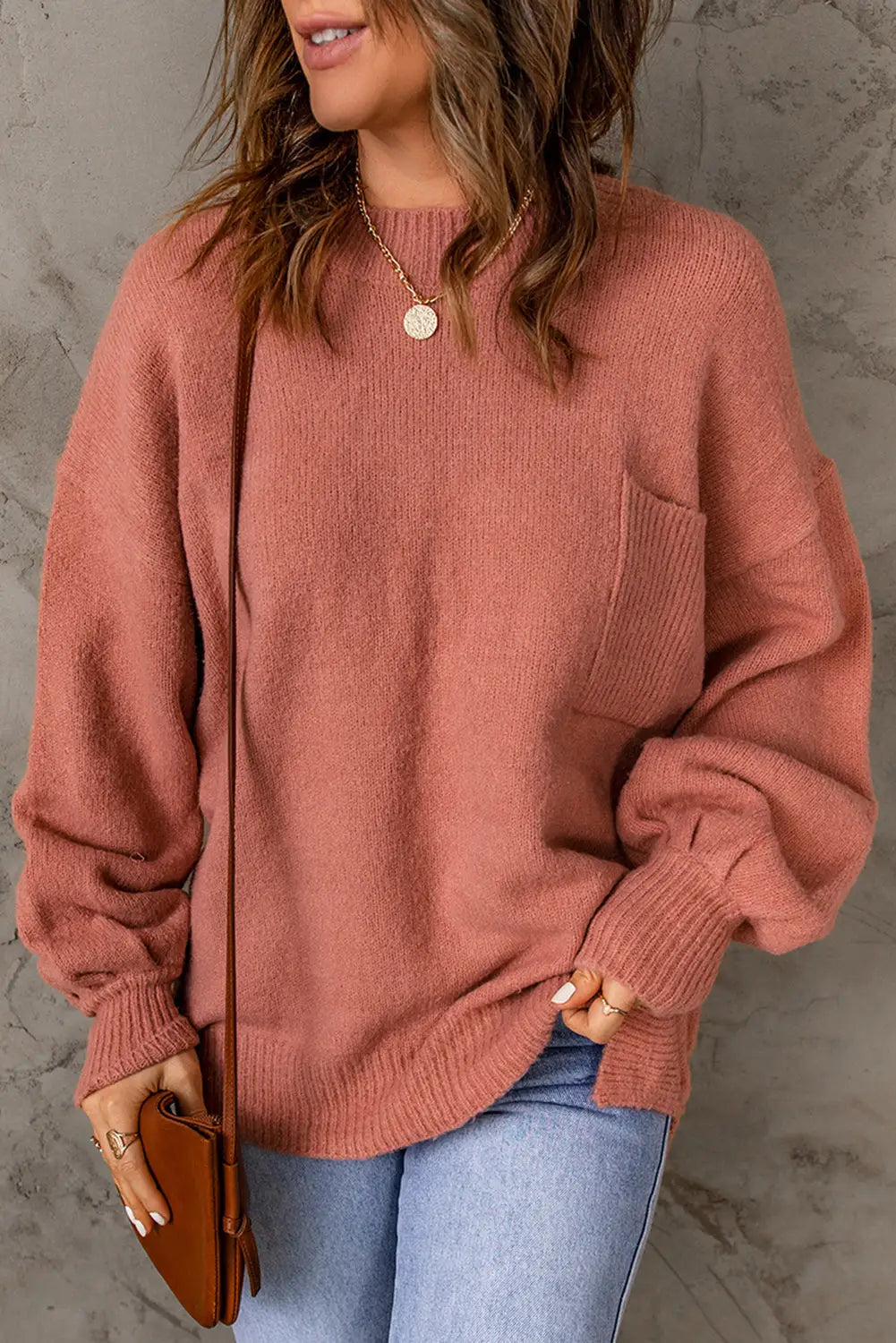 Solid color puffy sleeve pocketed sweater - red / s / 97% polyester + 3% polyamide - sweaters & cardigans
