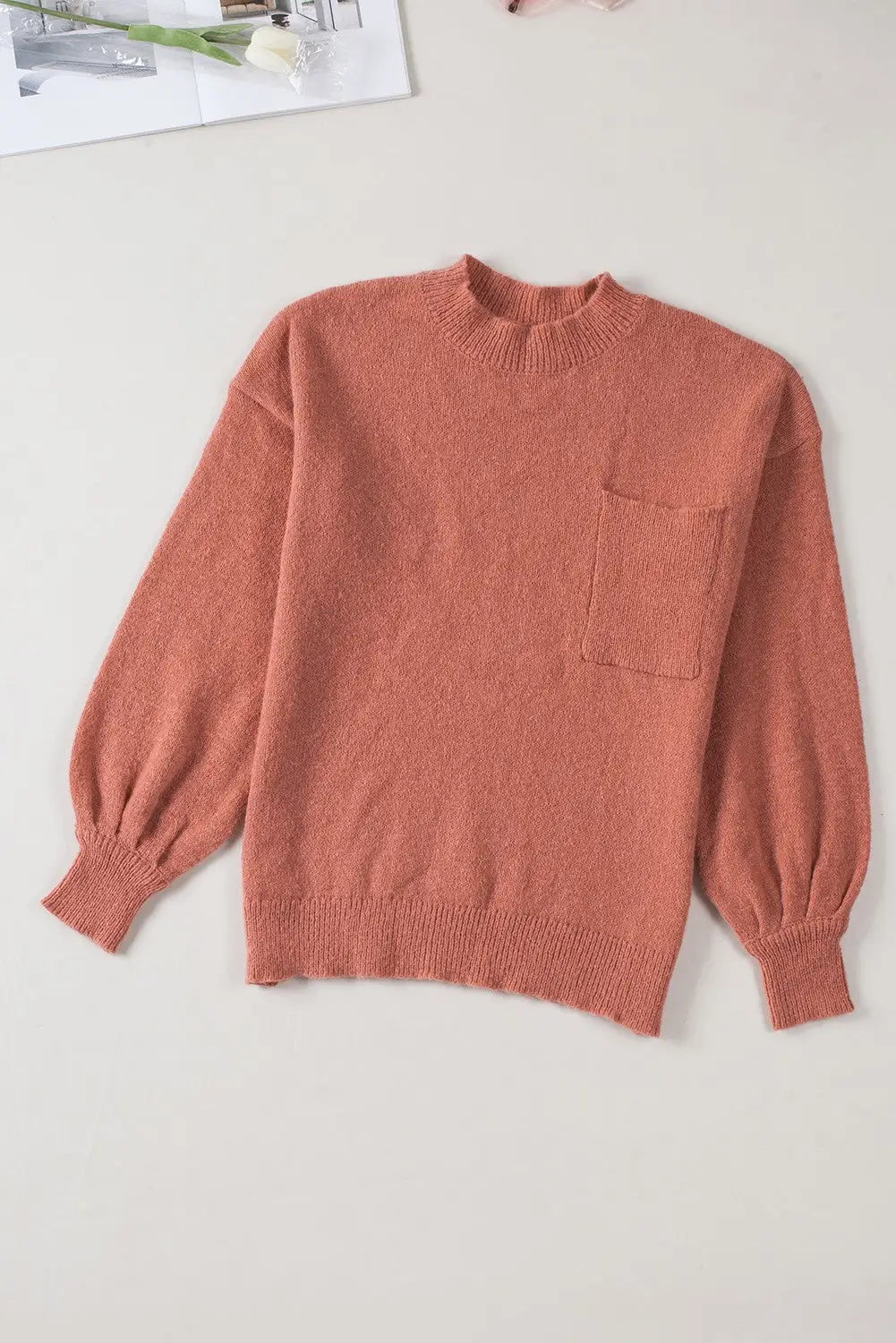 Solid color puffy sleeve pocketed sweater - sweaters & cardigans