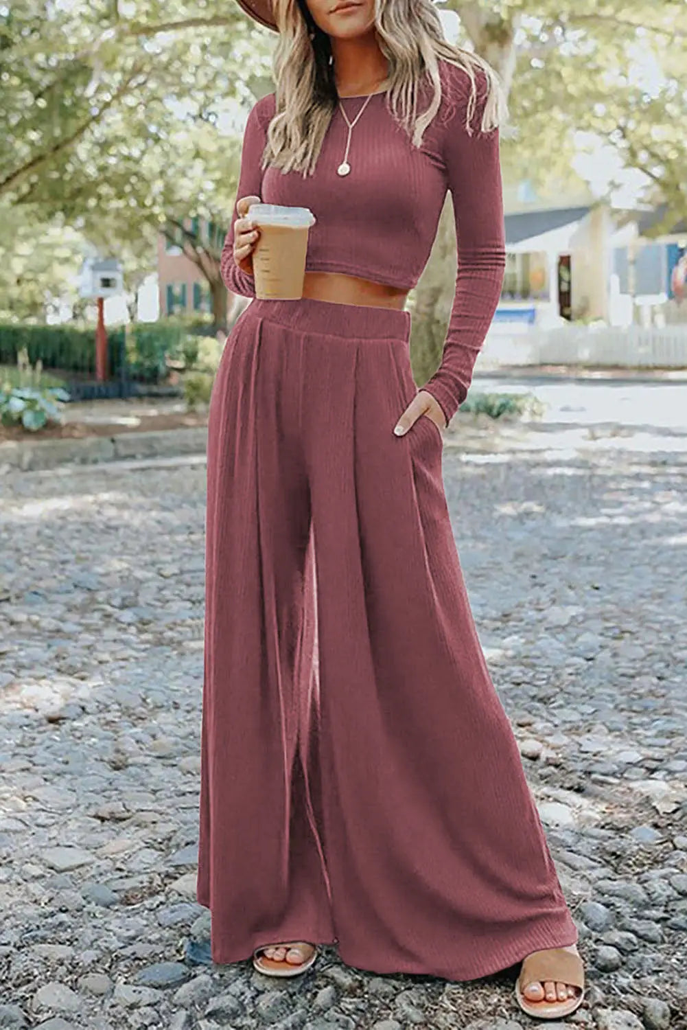 Solid color ribbed crop top long pants set - pink / s / 65% polyester + 25% viscose + 10% elastane - loungewear