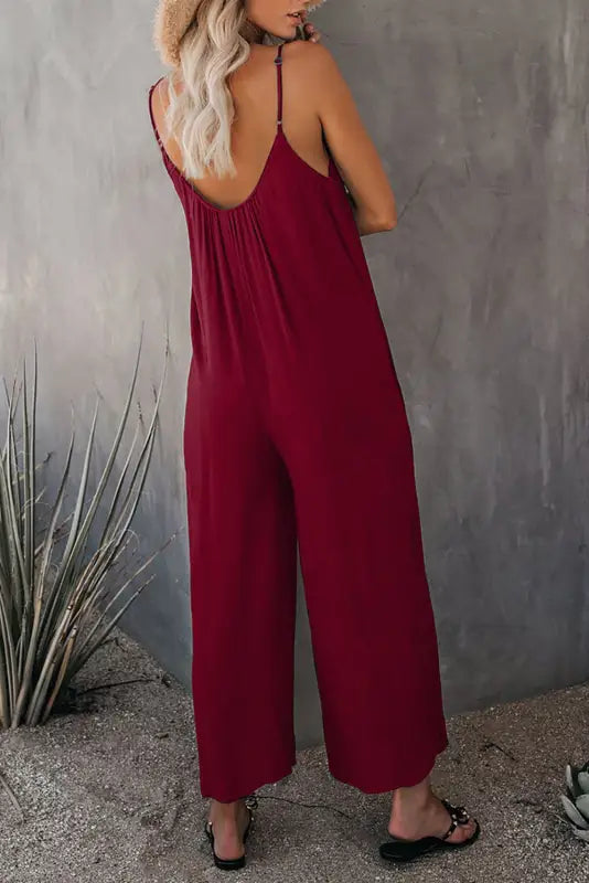 Pink red spaghetti straps wide leg pocketed jumpsuits - & rompers