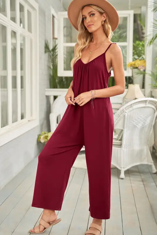 Pink red spaghetti straps wide leg pocketed jumpsuits - & rompers