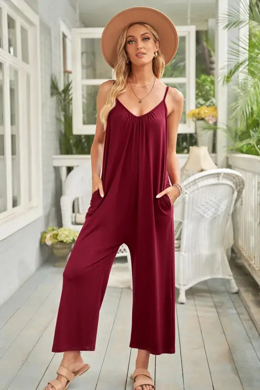 Pink red spaghetti straps wide leg pocketed jumpsuits - & rompers