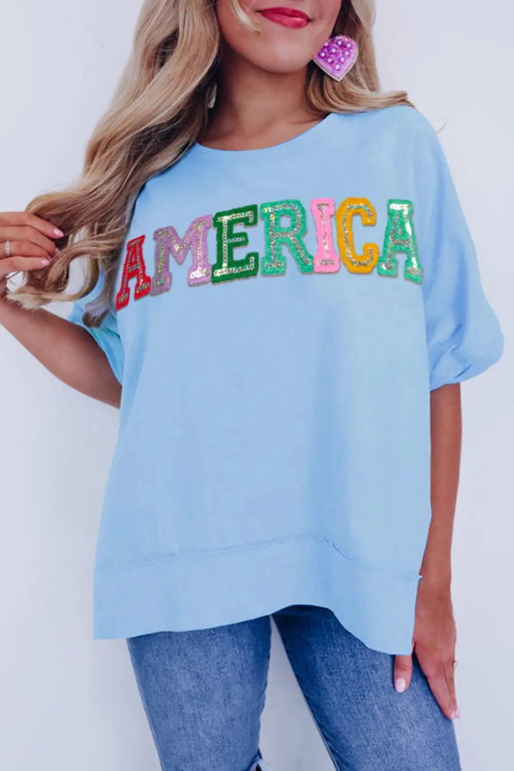 Sparkle america pastel embroidered graphic t-shirt - mist blue / s / 95% cotton + 5% elastane - t-shirts