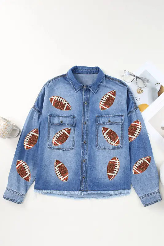 Sparkle scrum denim jacket - denim jacket with football patches for a relax relax style