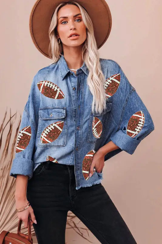 Sparkle scrum denim jacket - relax in style with football patches on this chic denim jacket