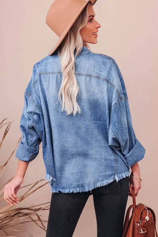 Stylish sparkle scrum oversized denim jacket with frayed edges and rolled-up sleeves