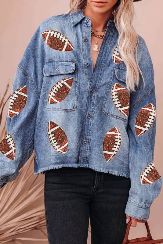 Sparkle scrum denim jacket - denim jacket with glittery football patches, relax relax