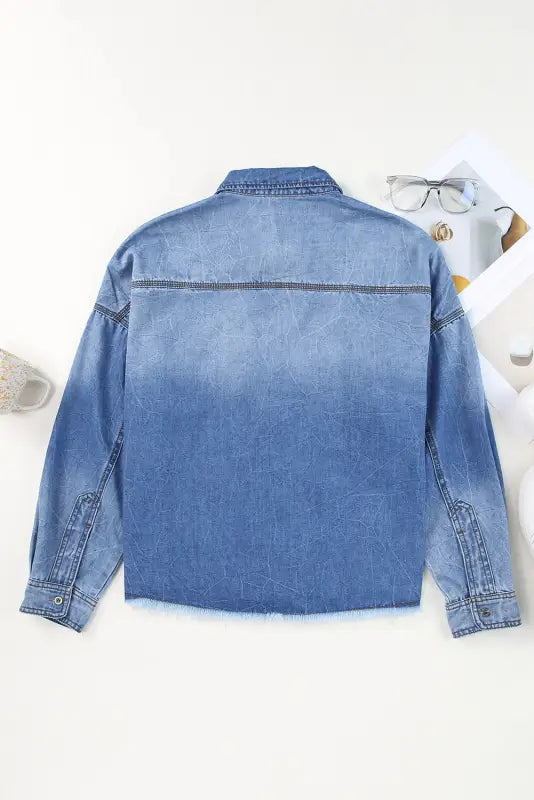 Blue denim jacket with long sleeves and collar by sparkle scrum denim jacket. Relax relax