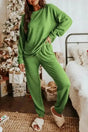 Spinach Green Jogger Pants Lounge Set with long sleeves and elastic waist, styled for cozy winter homewear near a Christmas tree.
