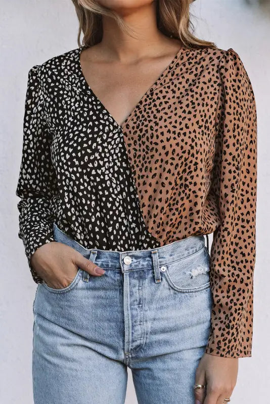 Spliced leopard print wrap long sleeve bodysuit - l / 100% polyester - bodysuits