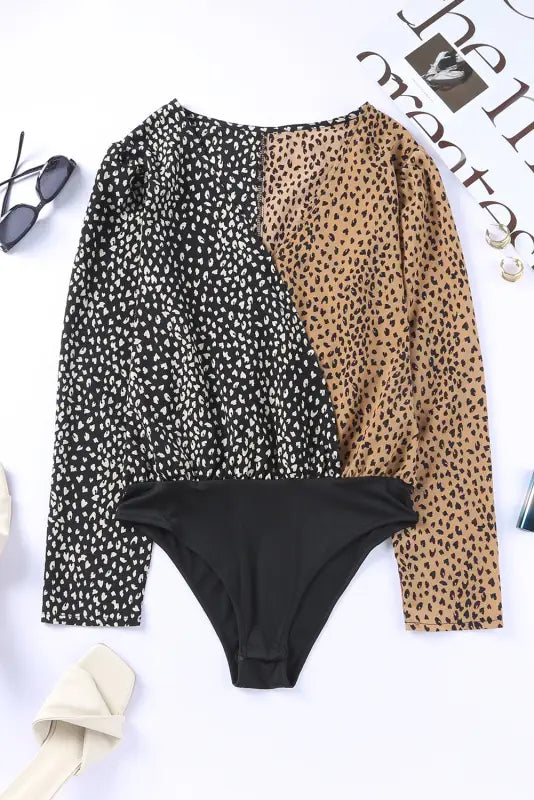 Spliced leopard print wrap long sleeve bodysuit - l / 100% polyester - bodysuits