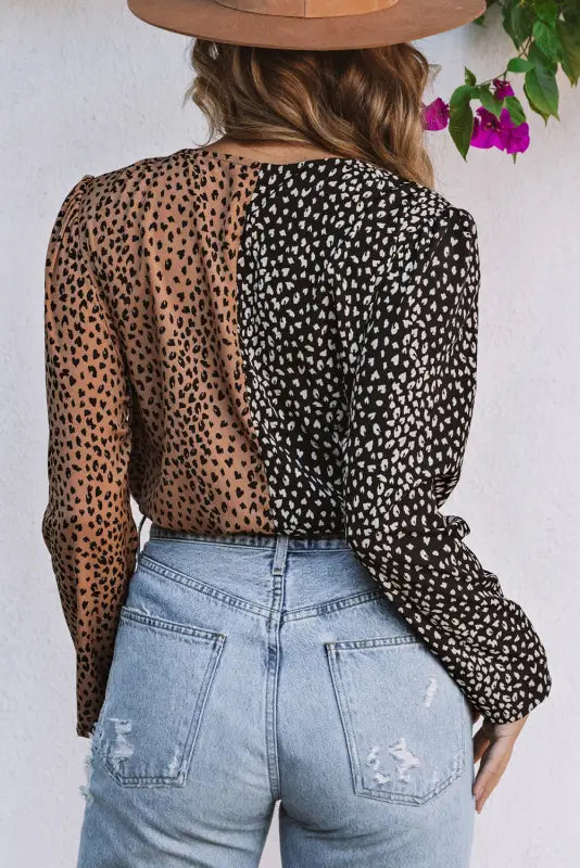 Spliced leopard print wrap long sleeve bodysuit - l / 100% polyester - bodysuits