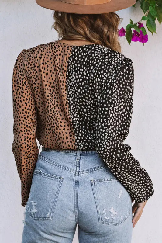 Spliced leopard print wrap long sleeve bodysuit - l / 100% polyester - bodysuits