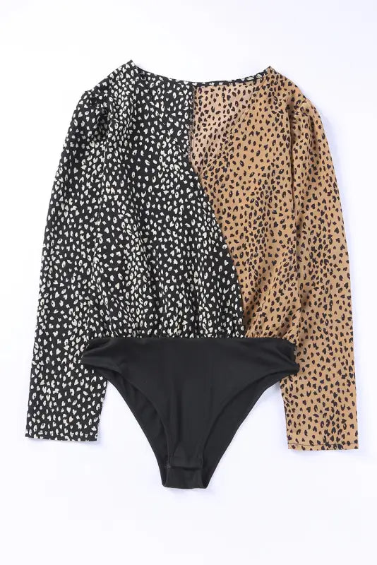 Spliced leopard print wrap long sleeve bodysuit - l / 100% polyester - bodysuits