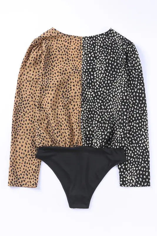 Spliced leopard print wrap long sleeve bodysuit - l / 100% polyester - bodysuits