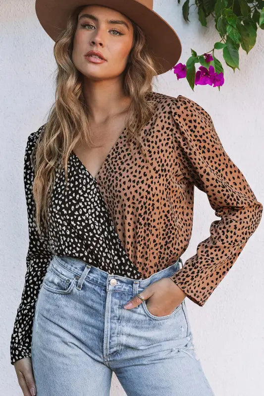 Spliced leopard print wrap long sleeve bodysuit - l / 100% polyester - bodysuits