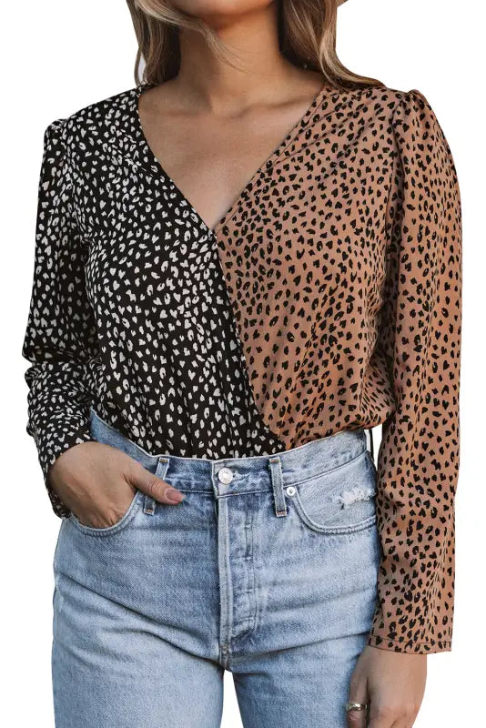 Spliced leopard print wrap long sleeve bodysuit - l / 100% polyester - bodysuits