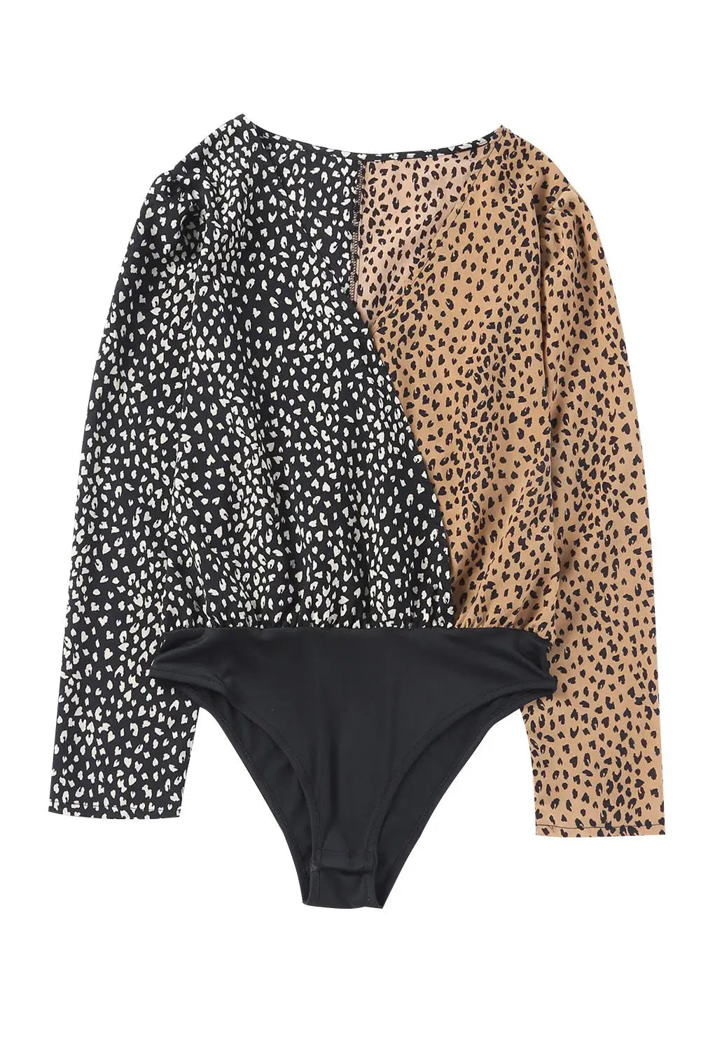 Spliced leopard print wrap long sleeve bodysuit - l / 100% polyester - bodysuits